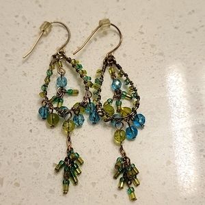 Green and Blue Beaded Gold Hoop Earrings